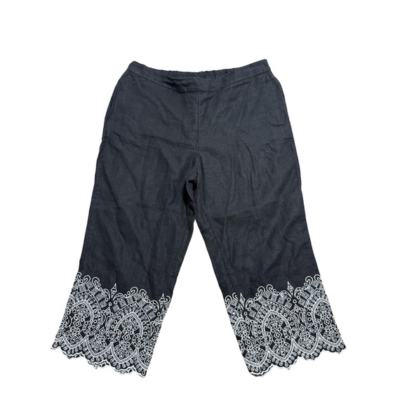 Chico's Pants Womens 16 Black Linen Cropped Embroidered Scalloped Hem Capri - Picture 1 of 7